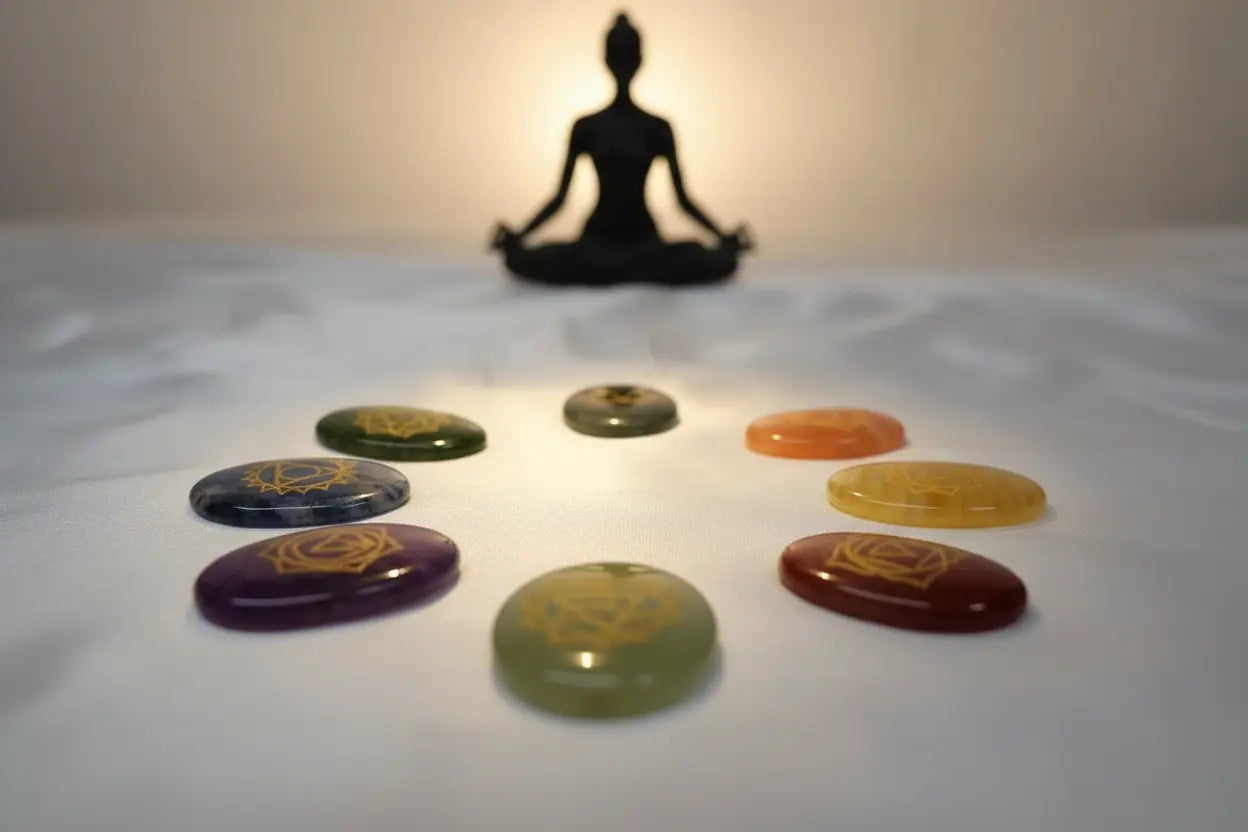 Engraved zibu symbol chakra stones set arranged in chakra colors for meditation and reiki practice