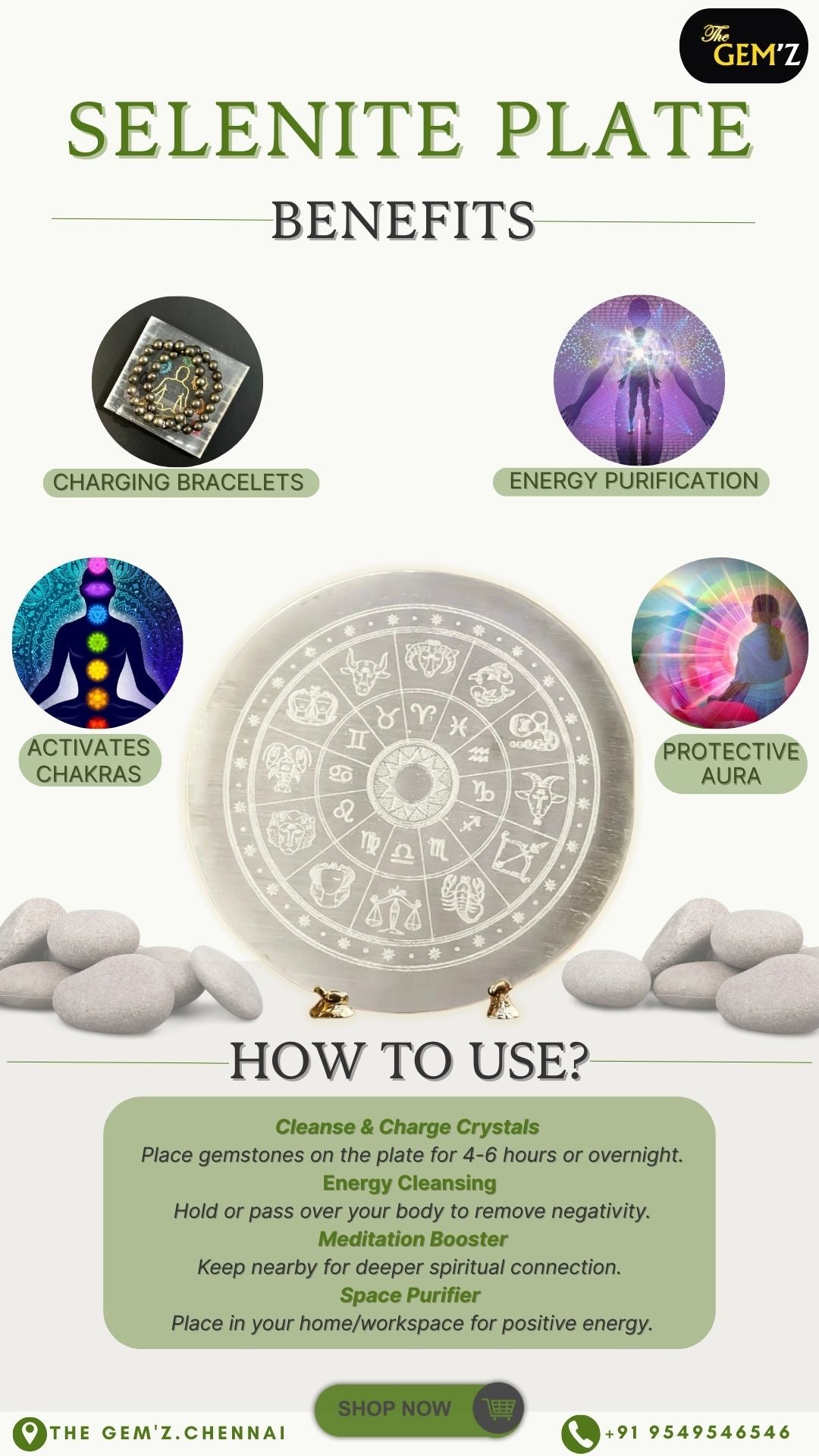 An image showcasing a Selenite Plate with illustrations indicating its benefits such as energy cleansing, crystal activation, aura protection, and mental clarity. The plate is depicted as circular with a geometric pattern in the center.