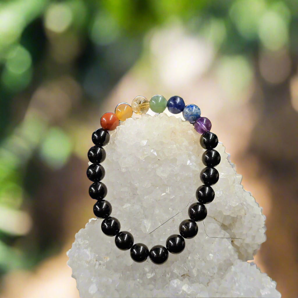Energised Black Tourmaline 7 Chakra Bracelet for Protection, Energy & Balance