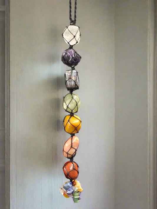 Energised Seven Chakra Hanger by THE GEM’Z featuring seven chakra crystals for balance, energy flow, and spiritual harmony.