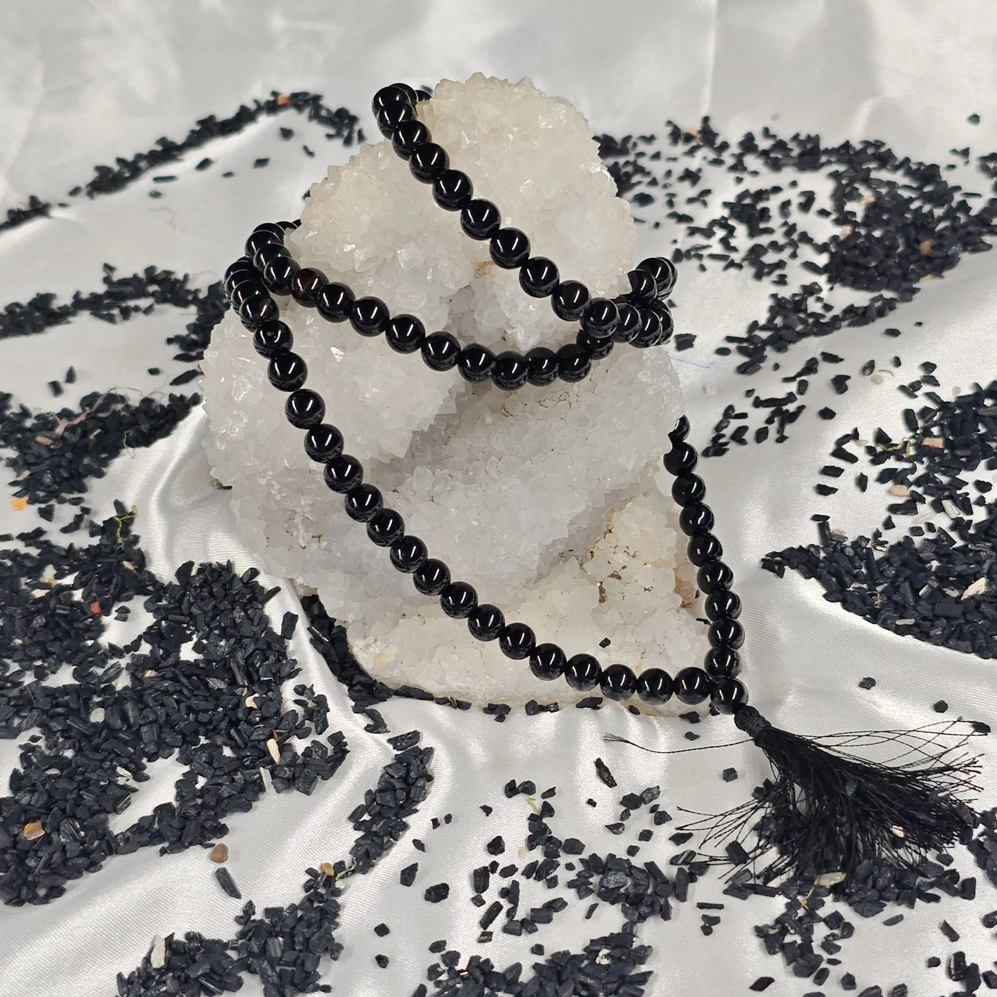 Energised Black Tourmaline Japa Mala by THE GEM’Z showing natural black tourmaline beads for meditation, energy balance, and protection.