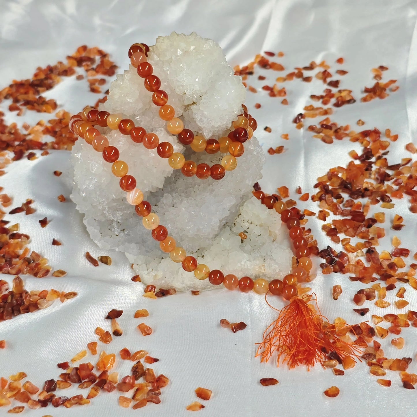Energised Carnelian Japa Mala by THE GEM’Z showing natural carnelian beads for meditation, focus, and inspiration.