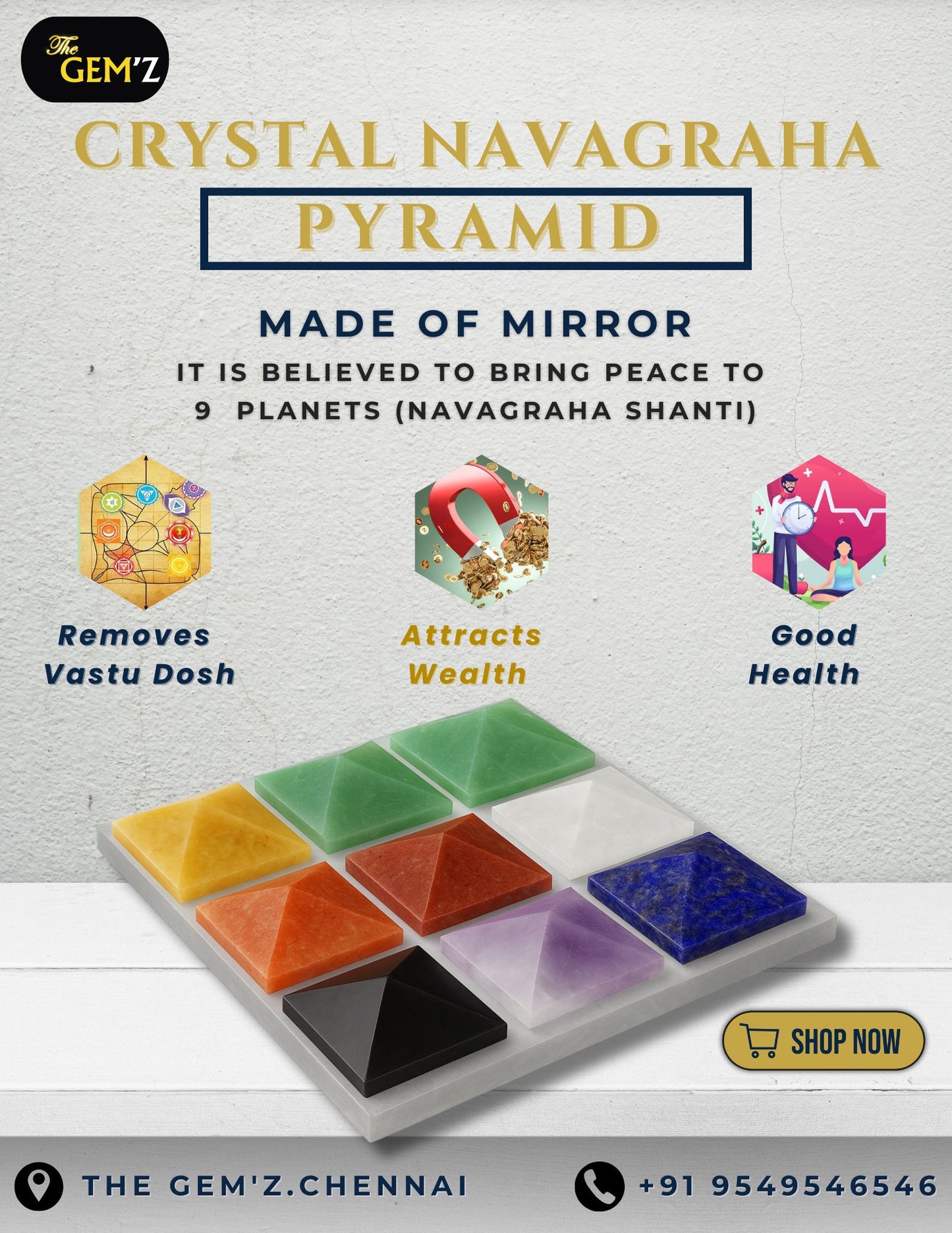 Energised Navgrah Energy Pyramid Grid by THE GEM’Z used for aligning planetary energies, attracting positivity, and spiritual growth.