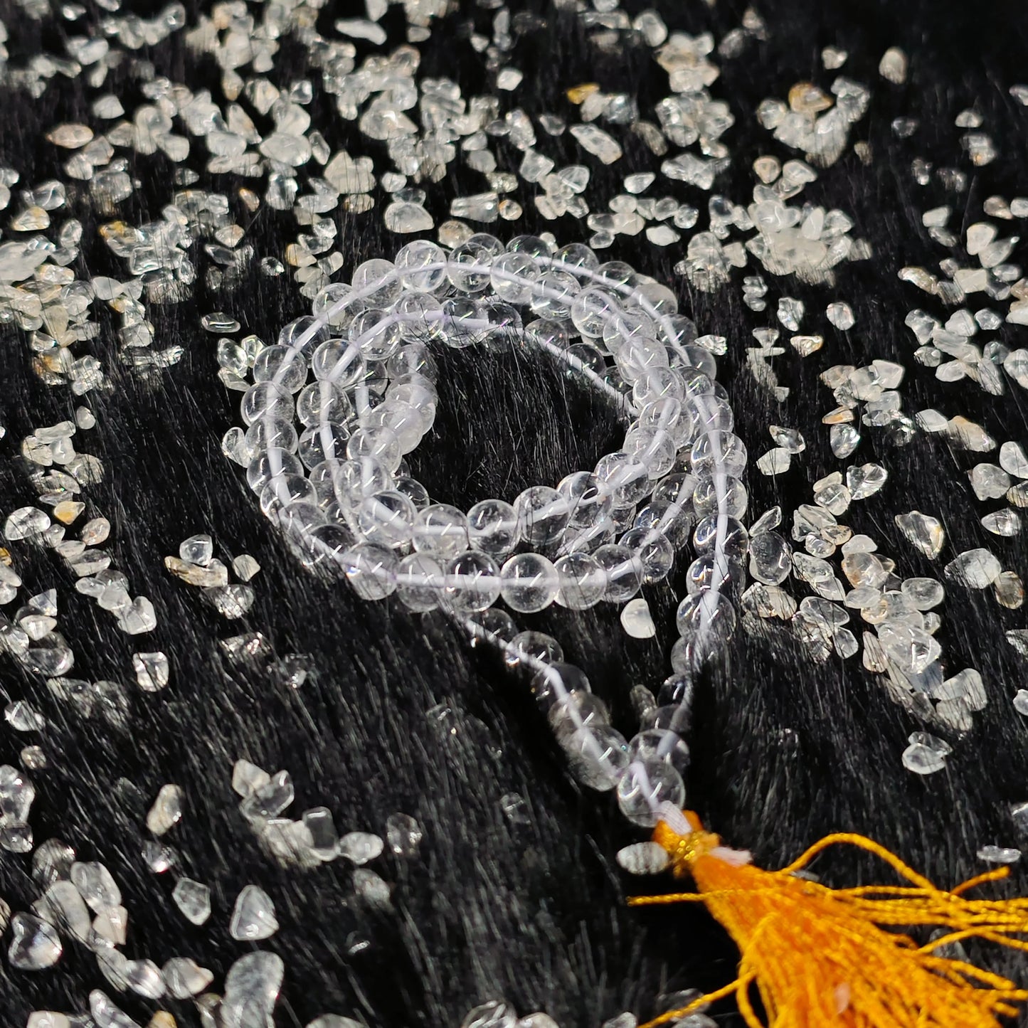 Energised Rock Crystal Japa Mala by THE GEM’Z handcrafted with natural rock crystal beads to amplify energy, clarity, and focus.