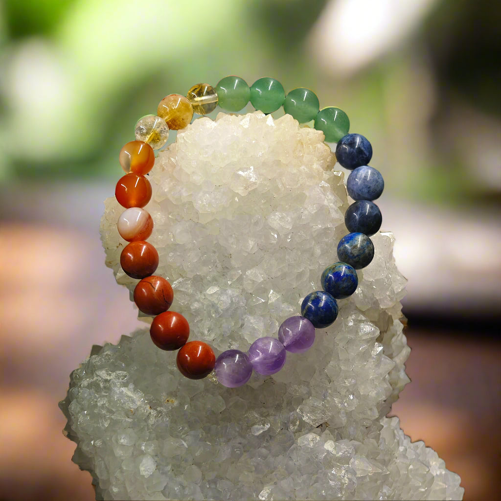 Energised Seven Chakra Bracelet by THE GEM’Z handcrafted with natural chakra crystals to promote balance, healing, and positive energy.