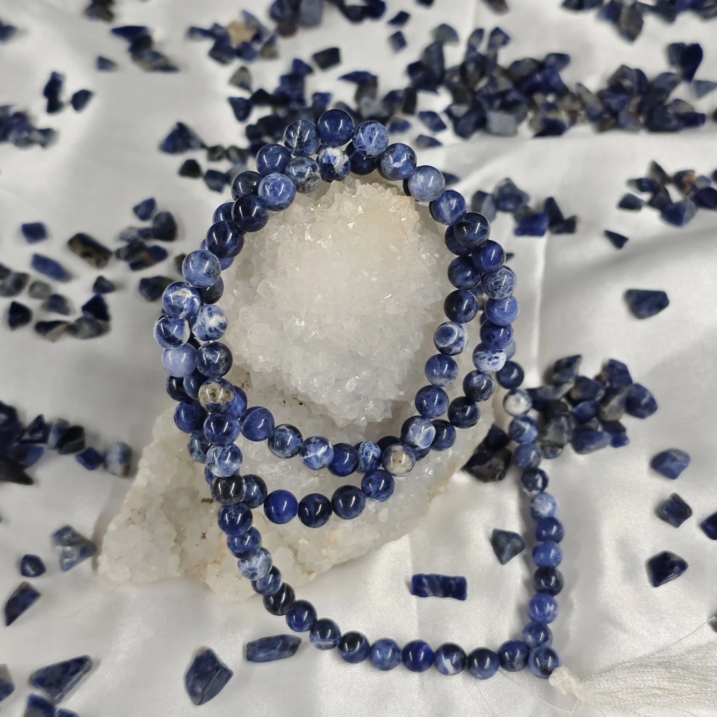 Close-up of Energised Sodalite Japa Mala by THE GEM’Z showing natural sodalite beads for meditation, focus, and inner peace.