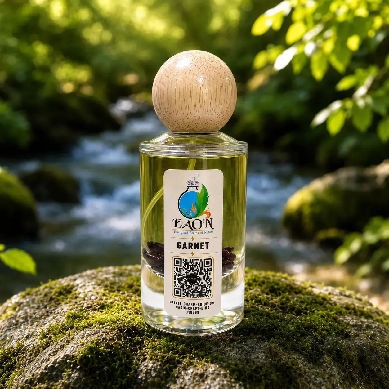 Bottle of EAON Garnet perfume on a mossy rock with a natural background