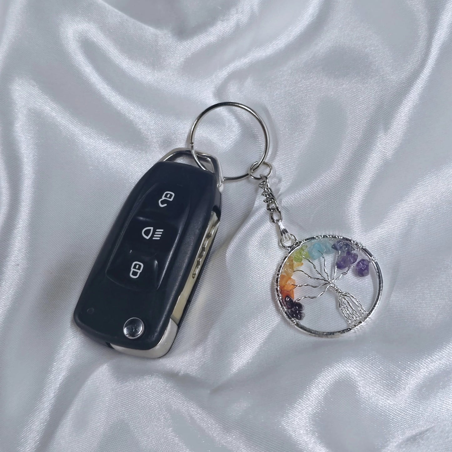 7 Chakra Tree of Life Keychain with colorful stones for balance and healing