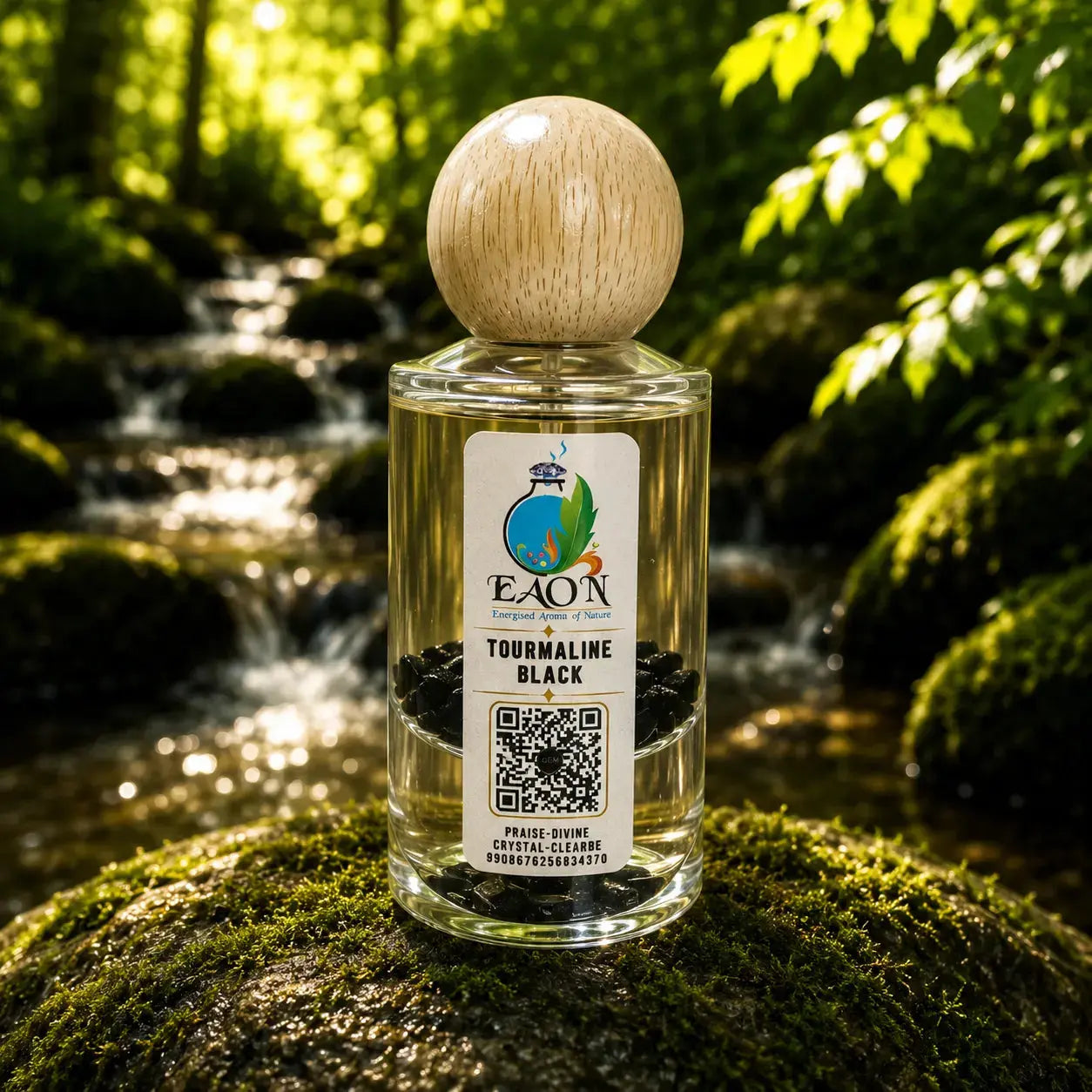 Bottle of EAON Tourmaline Black Eaon Perfume product on a mossy rock with a natural background