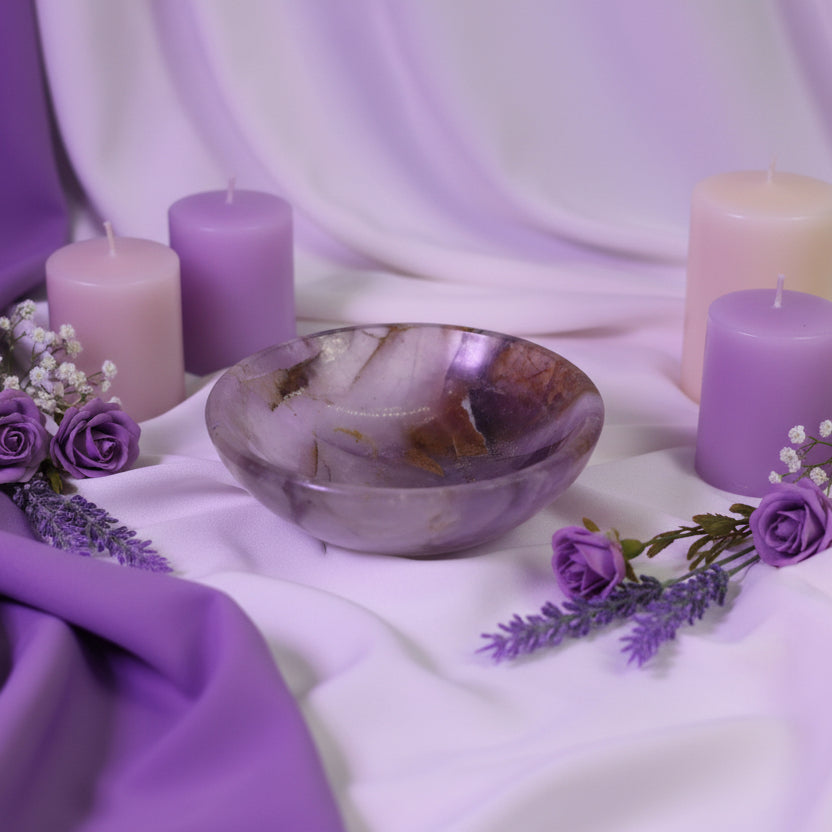 Polished natural amethyst bowl with purple tones for vastu and meditation use