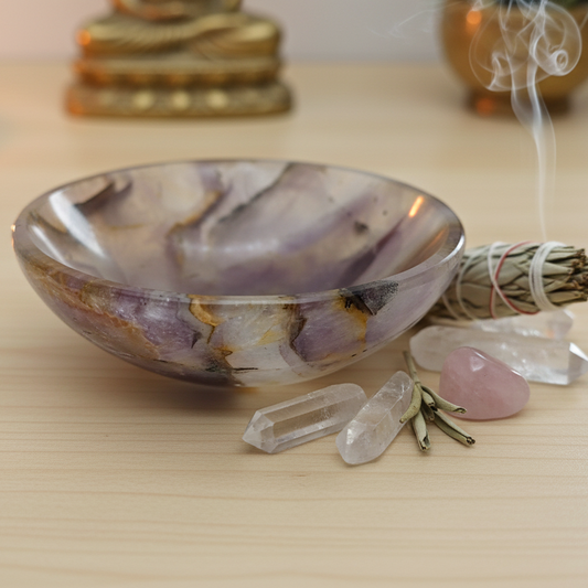 Natural amethyst energy bowl for pooja meditation and crystal storage
