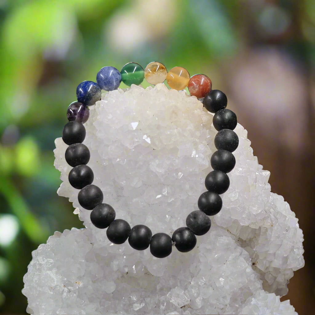 Energised Basalt 7 Chakra Bracelet for Grounding, Strength & Energy Balance