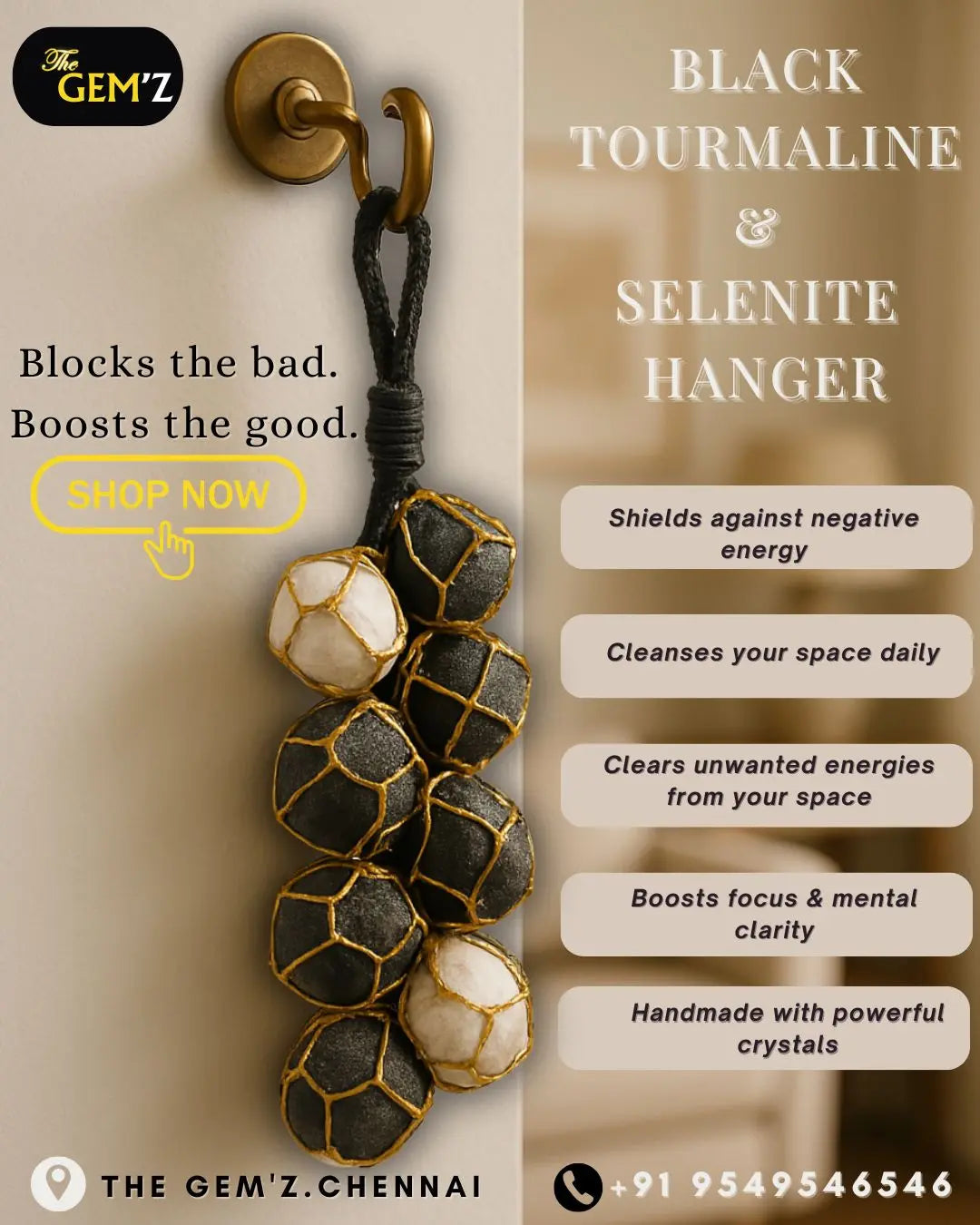 Black Tourmaline + Selenite Hanger – The Ultimate Energy Shield Gem Mine2Market LLP