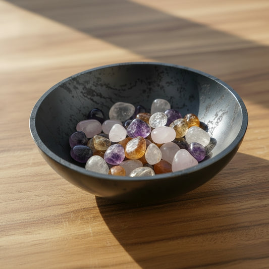 Polished natural hematite bowl for vastu meditation and holding healing stones