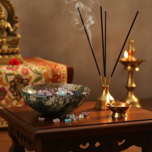 Moss agate stone bowl used for keeping crystals spiritual items and sacred décor