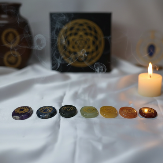 Natural 7 chakra zibu stones healing set with engraved symbols for meditation and energy balance