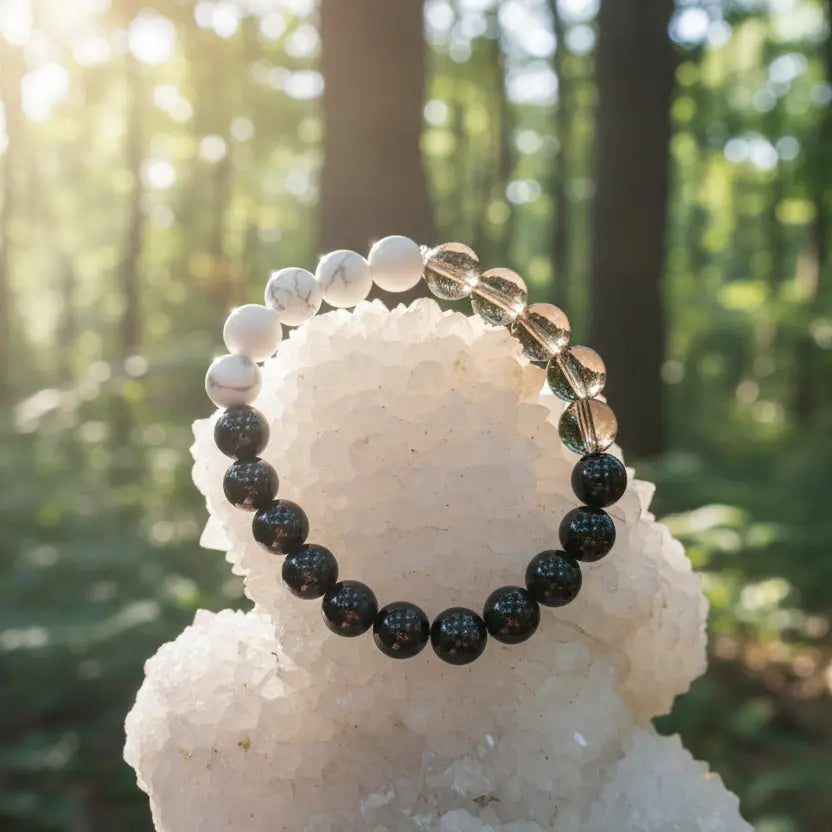 Calmness and grounding fusion bracelet with smoky quartz black tourmaline hematite and howlite gemstones
