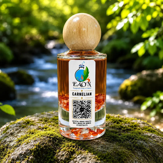 Eaon of Carnelian essential oil with a wooden cap on a mossy rock by a stream.