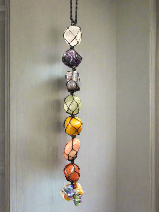 Energised Seven Chakra Hanger by THE GEM’Z featuring seven chakra crystals for balance, energy flow, and spiritual harmony.
