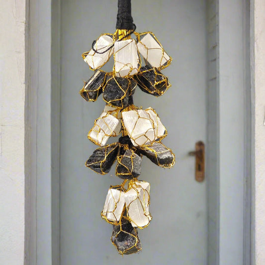 Energised Black Tourmaline+Selenite Hanger by THE GEM’Z handcrafted for powerful energy protection, cleansing, and positivity.
