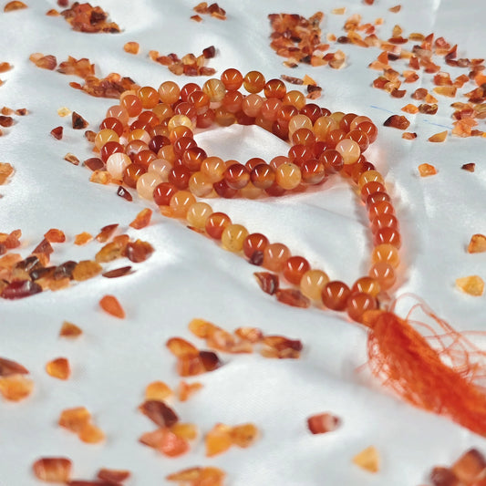 Energised Carnelian Japa Mala by THE GEM’Z handcrafted with natural carnelian beads to enhance creativity, courage, and bold confidence.
