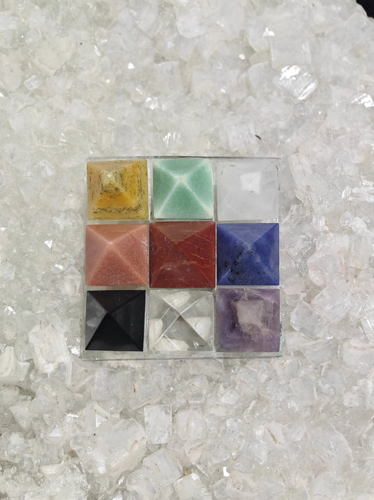 Energised Navgrah Energy Pyramid Grid by THE GEM’Z featuring nine crystal pyramids aligned for balance, protection, and cosmic healing.

