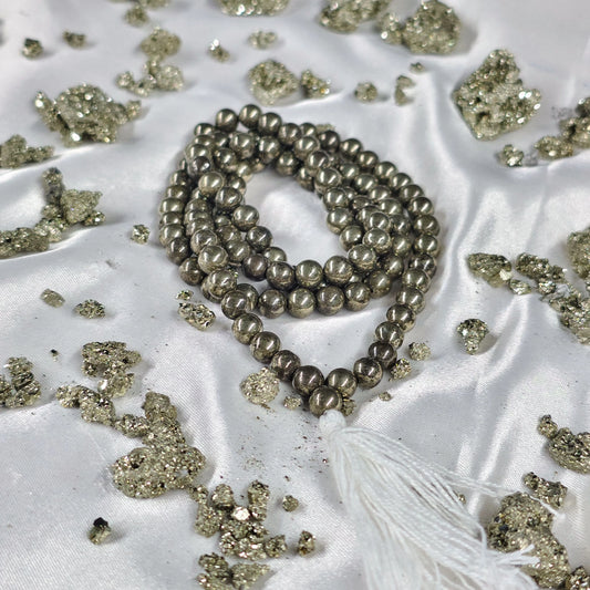 Energised Pyrite Japa Mala by THE GEM’Z handcrafted with natural pyrite beads to attract wealth, prosperity, and manifestation.

