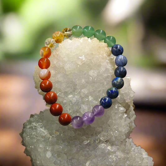Energised Seven Chakra Bracelet by THE GEM’Z handcrafted with natural chakra crystals to promote balance, healing, and positive energy.

