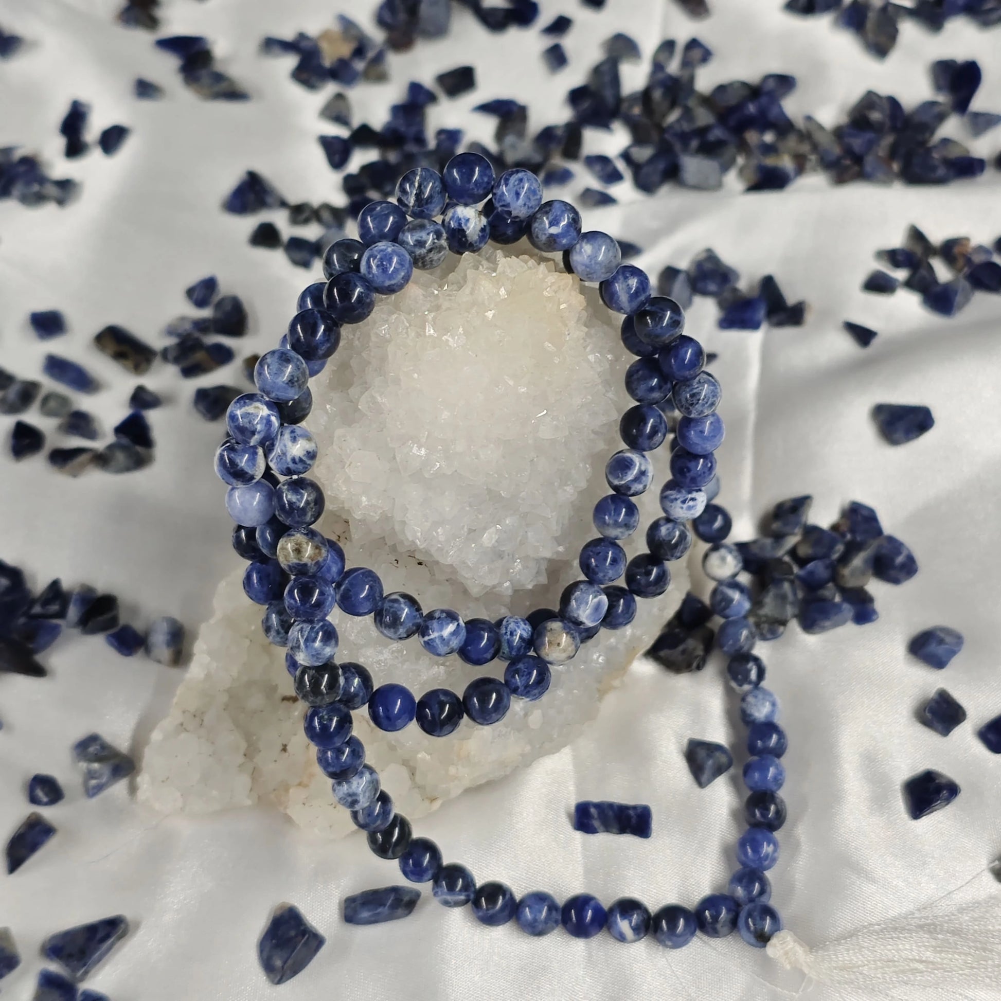 Close-up of Energised Sodalite Japa Mala by THE GEM’Z showing natural sodalite beads for meditation, focus, and inner peace.
