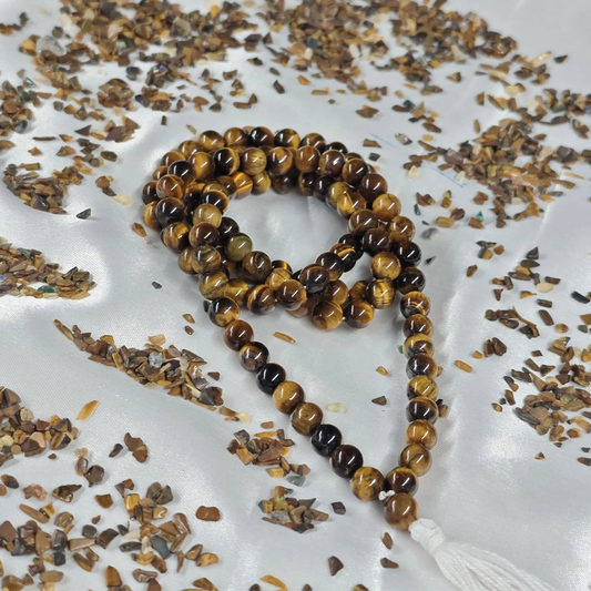 Energised Tiger Eye Japa Mala by THE GEM’Z handcrafted with natural tiger eye beads to enhance courage, confidence, and manifestation.
