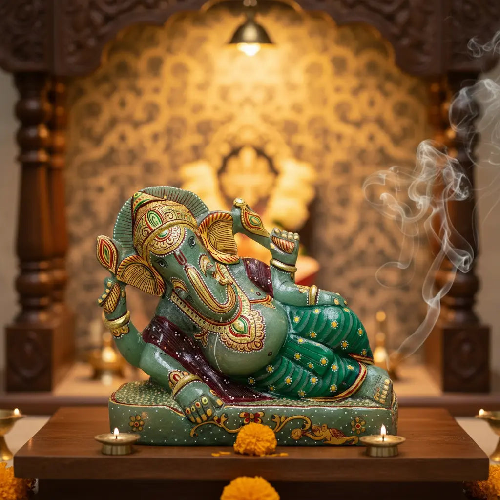 Natural Green Aventurine Sleeping Ganesha Idol Single Stone