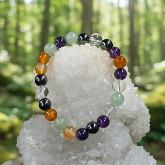 Health and Wellness fusion bracelet with amethyst, aventurine, clear quartz, hematite and carnelian gemstones
