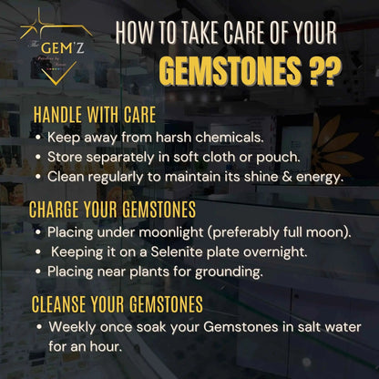 Gemstone care guide by THE GEM’Z showing how to handle, charge, and cleanse gemstones safely with tips on storage, moonlight charging, and salt water cleansing.
