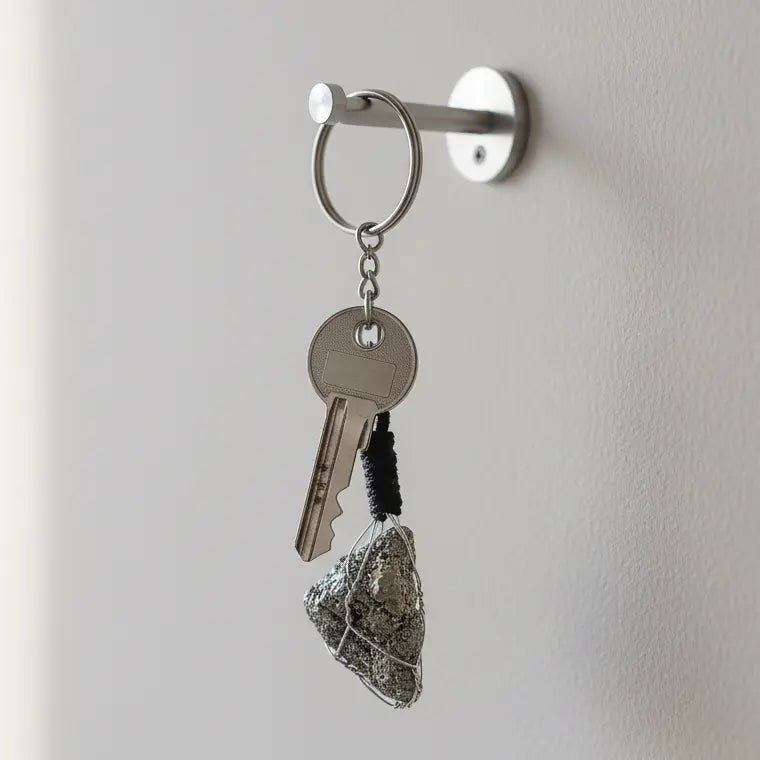 Raw pyrite keychain made from natural crystal stone used for prosperity and positive energy
