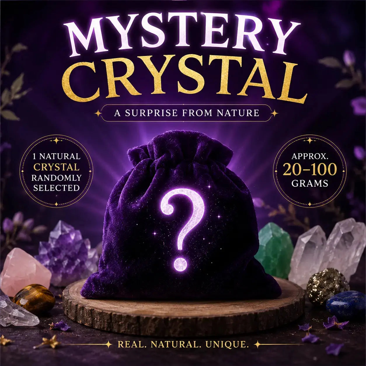 Mystery crystal bag with crystals around on a dark background