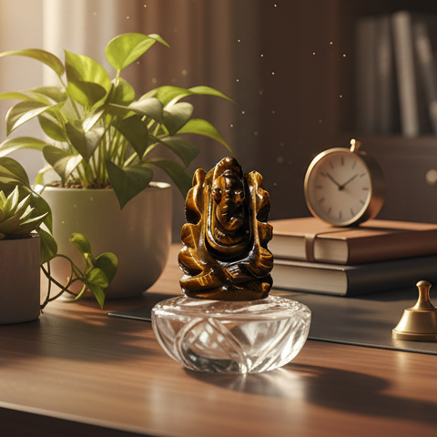 Tiger eye gemstone ganesha idol for office desk business counter and gifting
