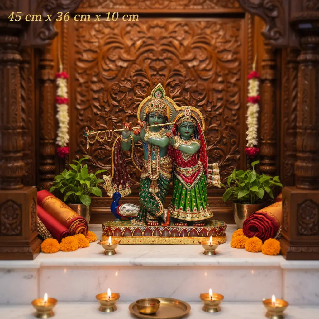 Premium Radha Krishna gemstone sculpture with gold detailing