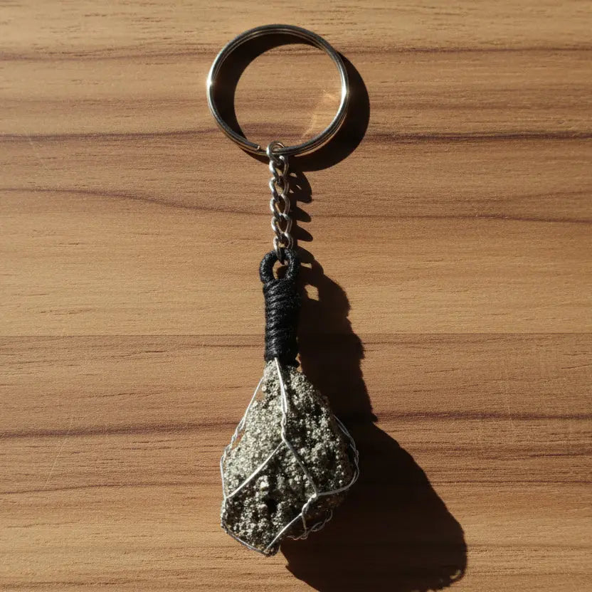 Natural raw pyrite crystal keychain with metallic gold stone for wealth and protection
