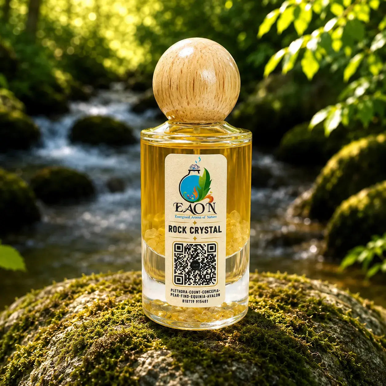 Bottle of EAON Rock Crystal on a mossy rock with a natural background