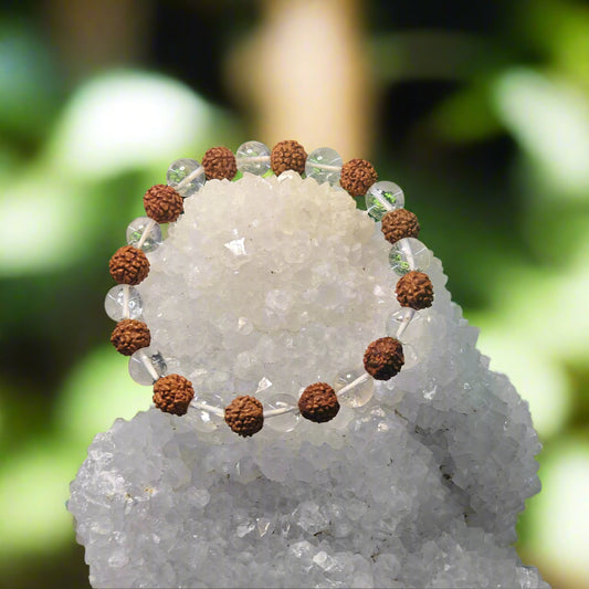Rock Crystal Bracelet with Natural Rudraksha for Clarity, Spiritual Awakening & Protection
