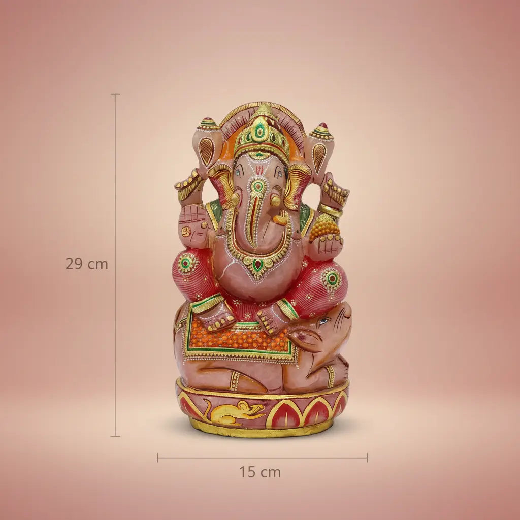 Rose quartz Ganesha idol on mooshak carved from single piece gemstone