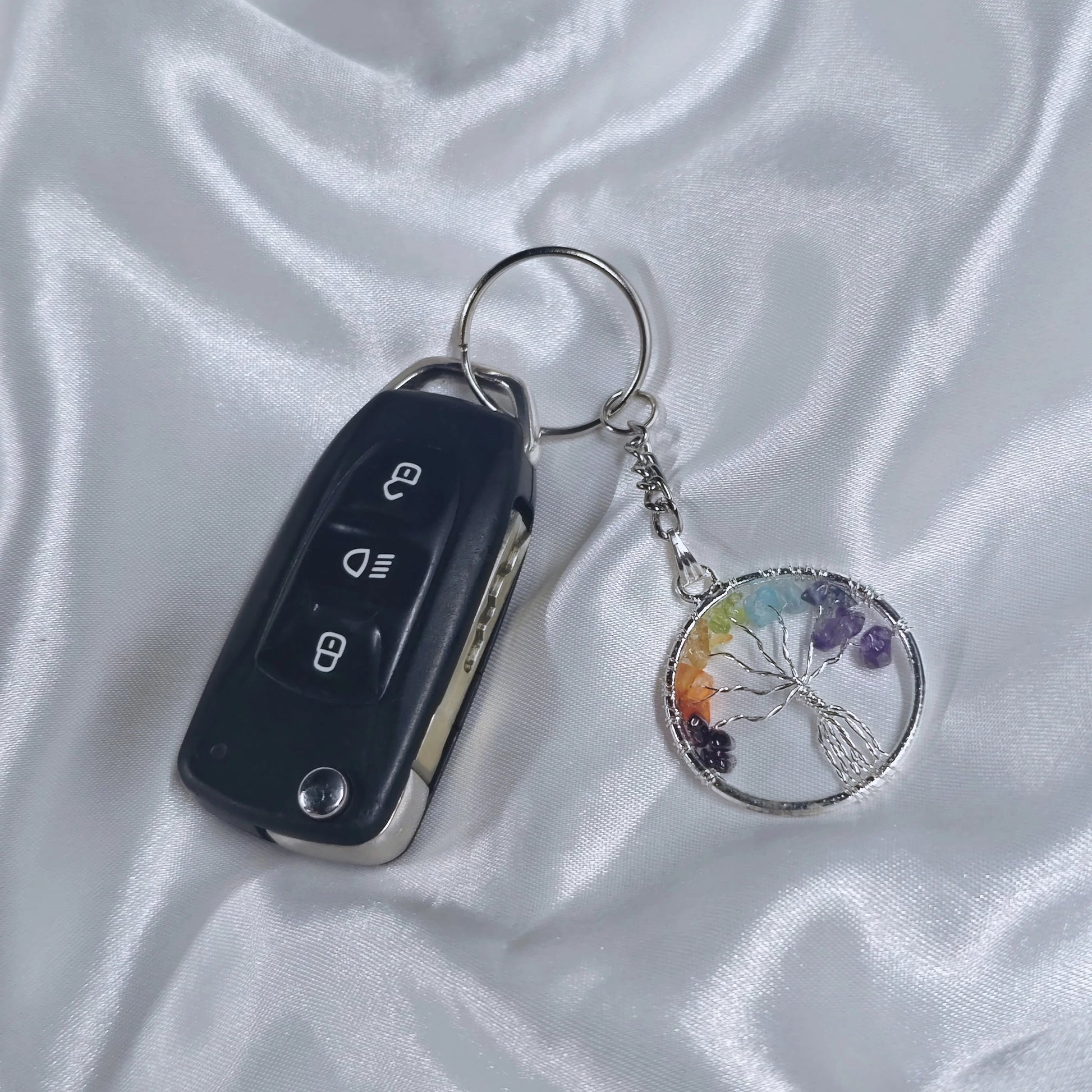 7 Chakra Tree of Life Keychain with colorful stones for balance and healing
