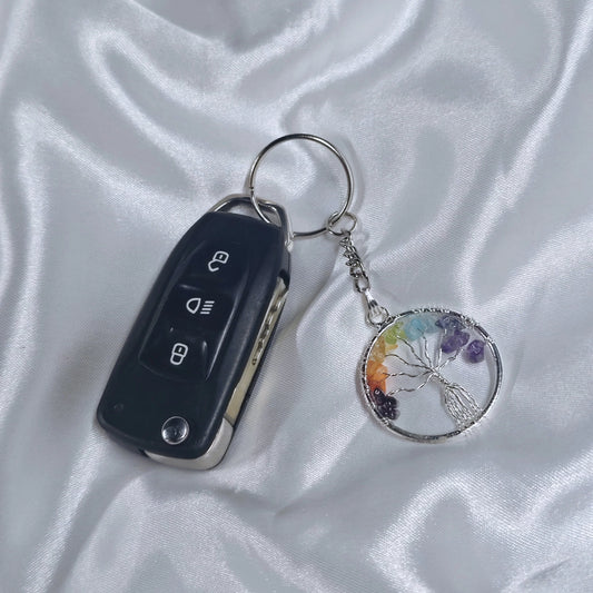 7 Chakra Tree of Life Keychain with colorful stones for balance and healing
