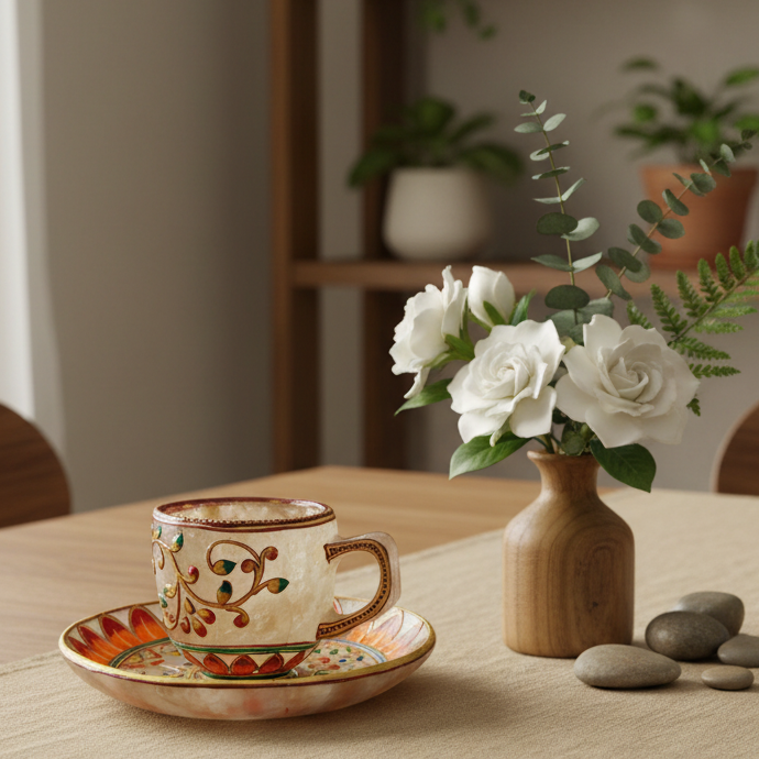 Spatik rock crystal cup and saucer on dining table for conscious living
