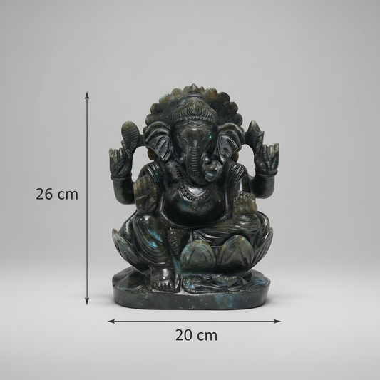 Natural spectrolite Ganesha sacred gemstone sculpture with iridescent colors