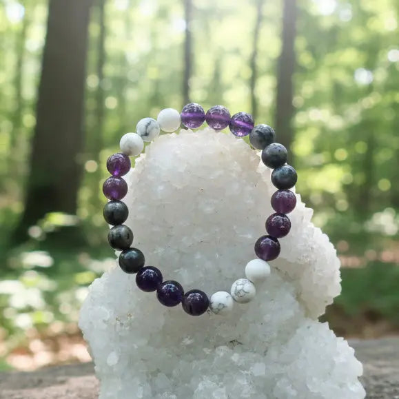 Stress Relief and Peace fusion bracelet with lepidolite labradorite howlite and amethyst gemstones
