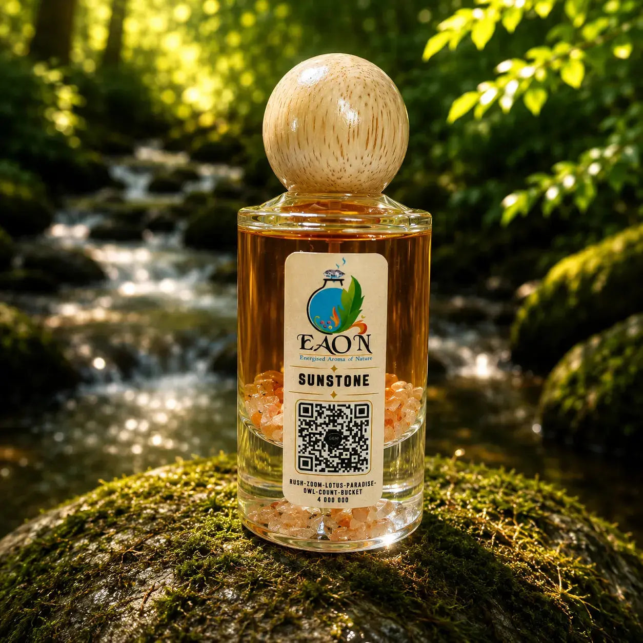 Bottle of EAN'N Sunstone on a mossy rock with a natural background