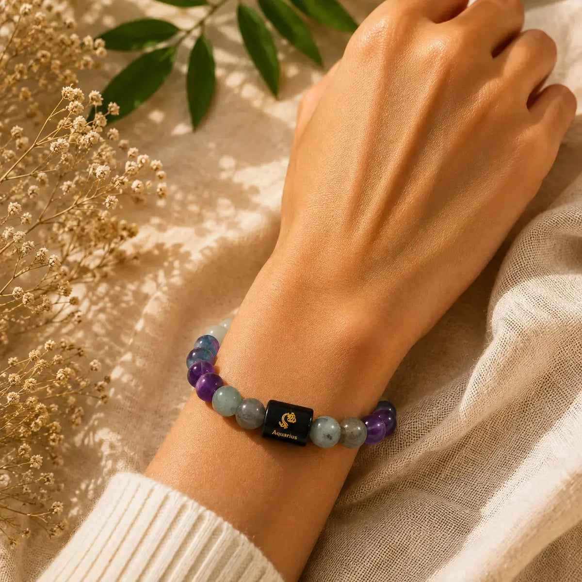 Zodiac Sign Gemstone Bracelet For Aquarius Hand