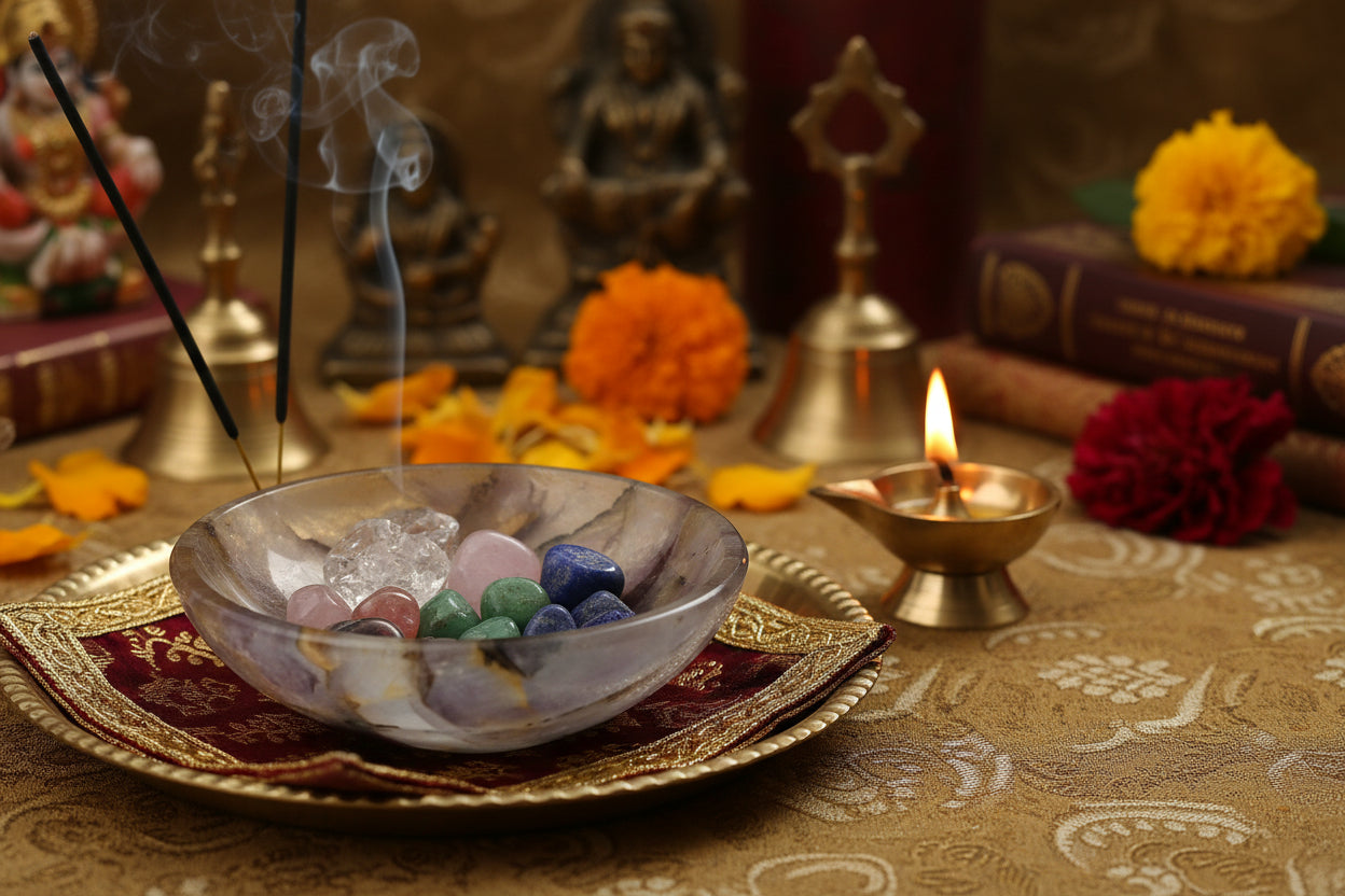 Amethyst stone bowl used for keeping crystals spiritual items and sacred décor
