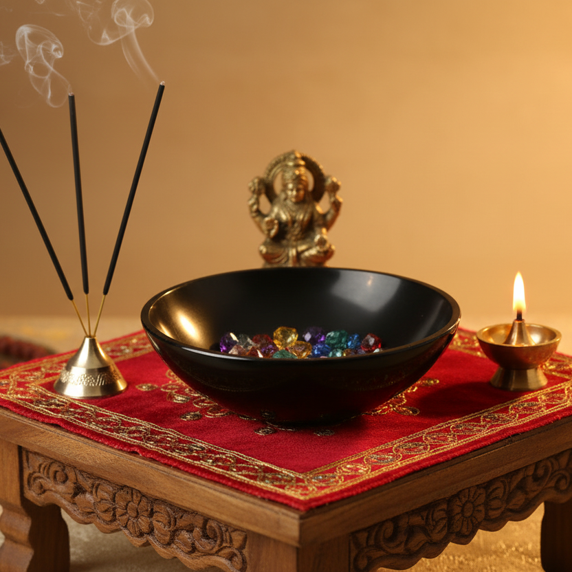 Black onyx stone bowl used for keeping crystals spiritual items and sacred décor
